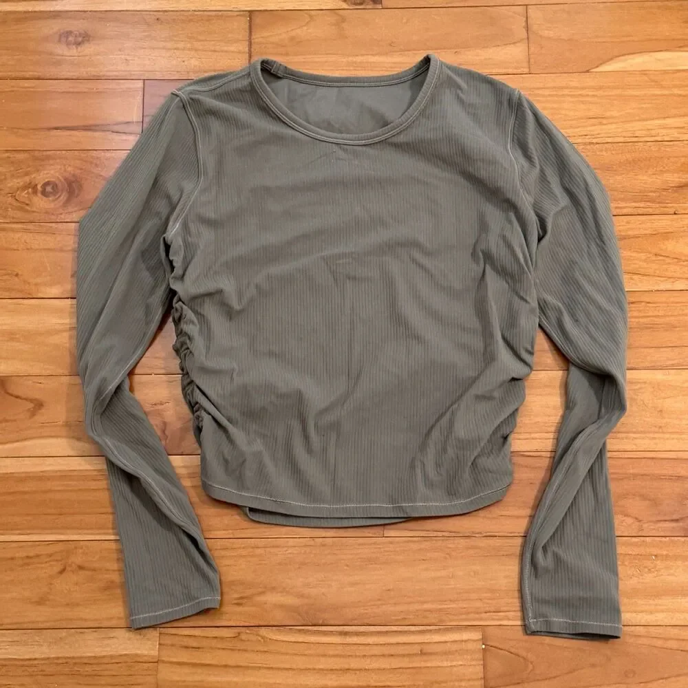 Lululemon All It Takes Ribbed Long-Sleeve Shirt Cropped Army Green Athleisure